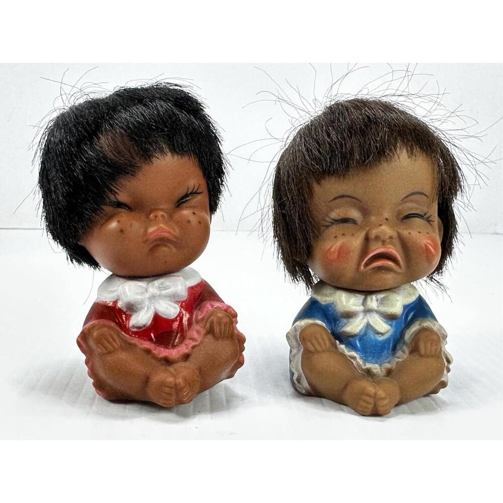 2 Vintage Anekona Hawaii‎ 3.5" Vinyl Pouting Little Girl Doll Blue & Red Dress